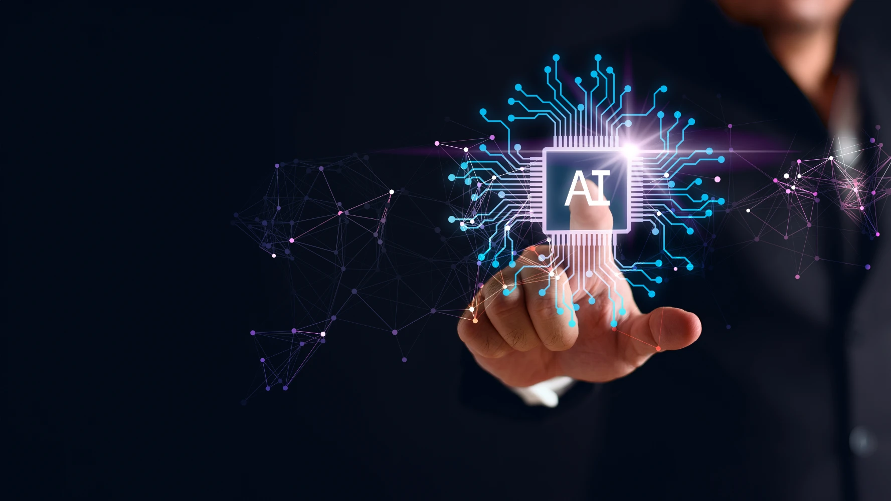 Representación de Apple Intelligence con un procesador digital y conexiones tecnológicas de IA.