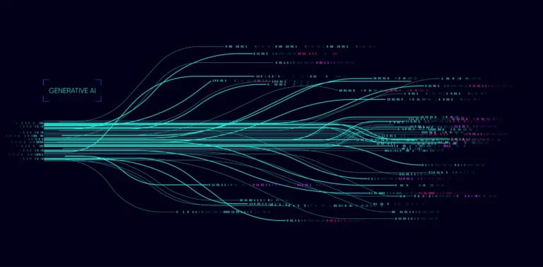 Visualización abstracta del flujo de datos y procesamiento de inteligencia artificial generativa, destacando el funcionamiento de un LLM.